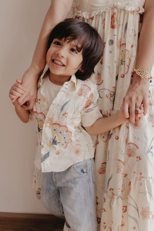 Swinging Willow- Floral Print Cotton Satin Shirt For Boys