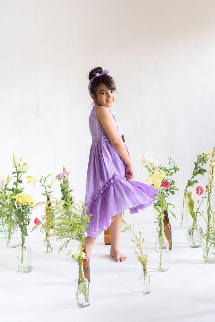 Dilly Frond is a Lilac Color Organic Cotton Dress With Embroidered Belt For Girls.