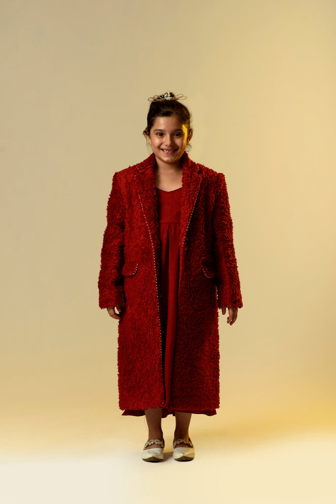 Merry & Bright is a Red Organic Sherpa Long Coat With Woollen Dress For Girls.