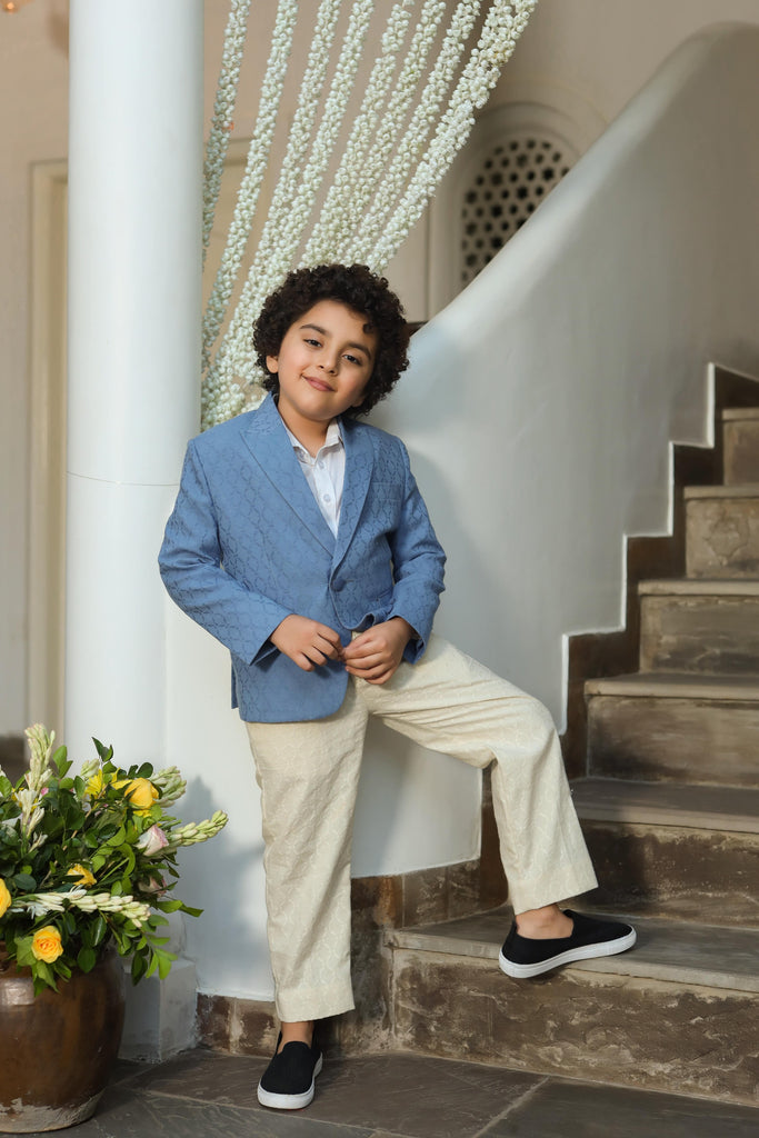 Aghyaar is a Blue Colour Blazer Made of Organic Cotton Dobby with Trousers and a White Color Shirt for Boys.