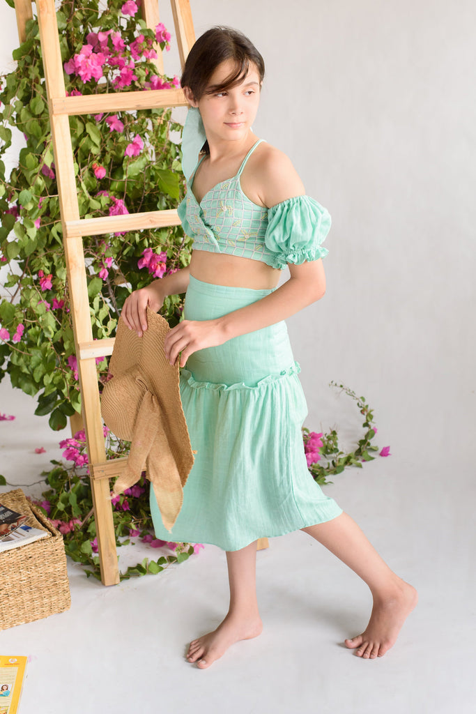 Thread Garden is a Check Embroidered Organic Cotton Wrap Top With Skirt For Girls.