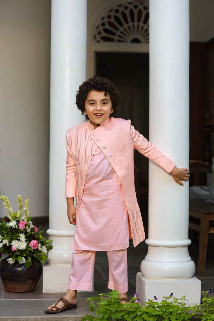 Shabab is a Peach Embroidered Indowestern Kurta Trouser Set For Boys.