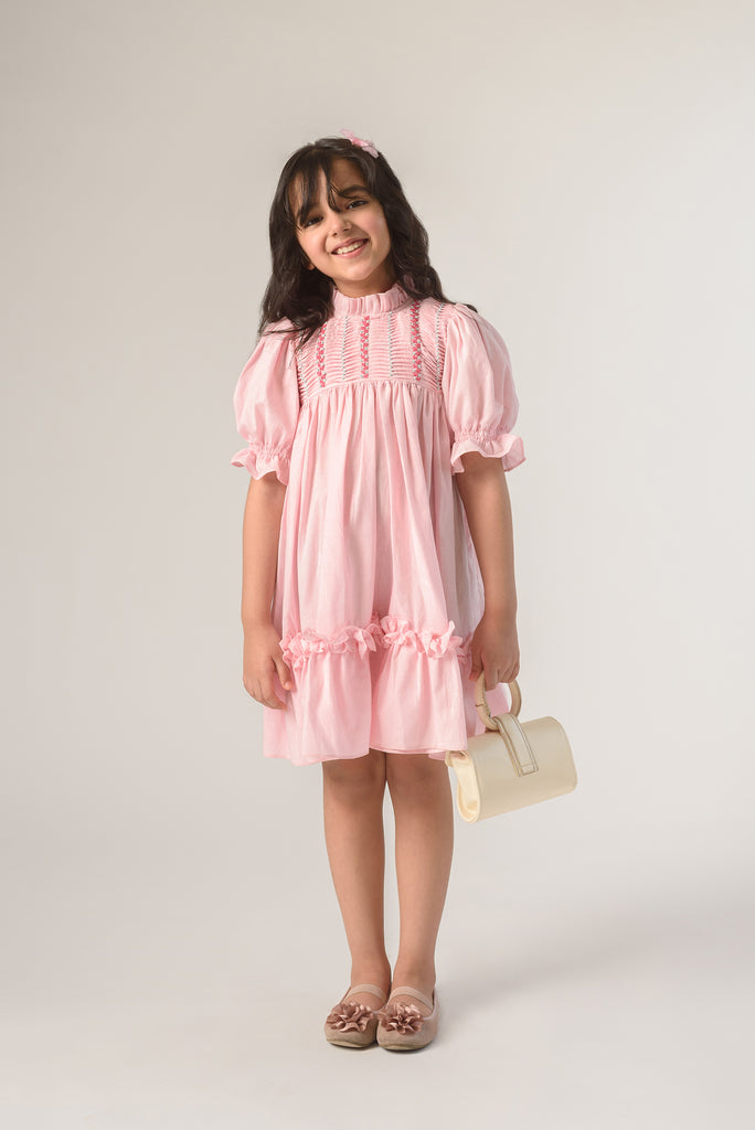 Valley of Flowers is a Thread Embroidered Organic Cotton Pink Dress For Girls.