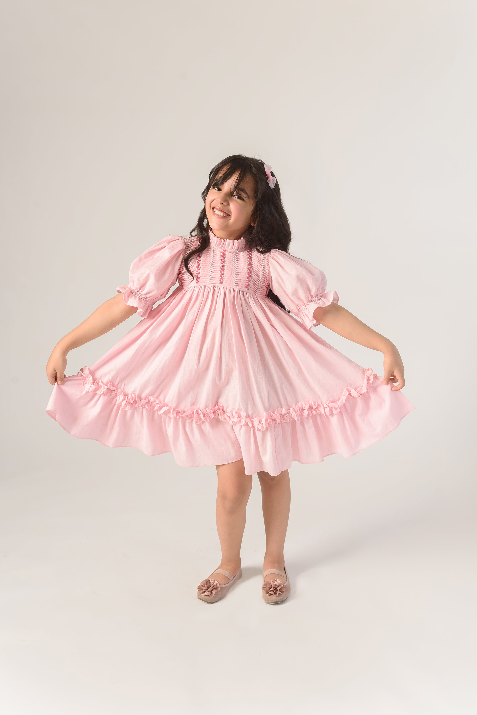 Valley of Flowers is a Thread Embroidered Organic Cotton Pink Dress For Girls.