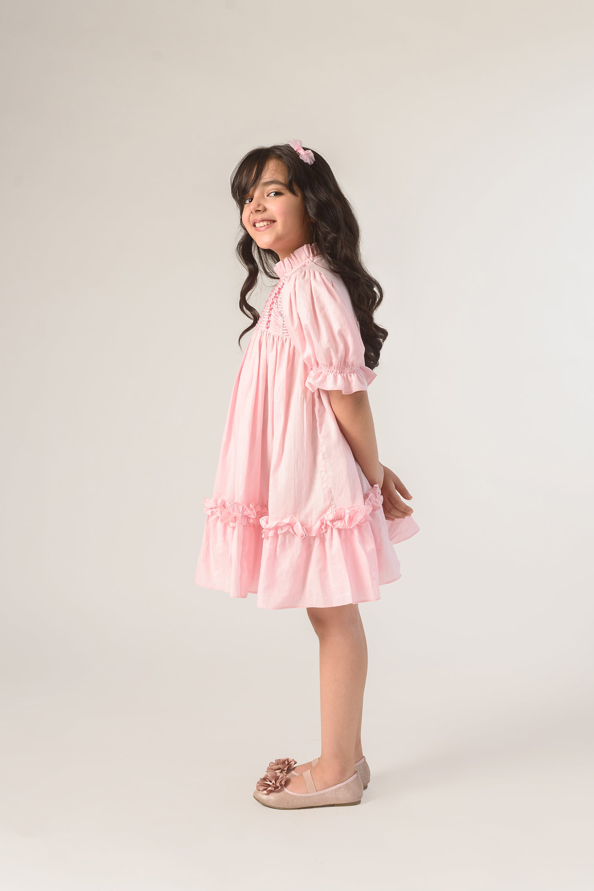 Valley of Flowers is a Thread Embroidered Organic Cotton Pink Dress For Girls.