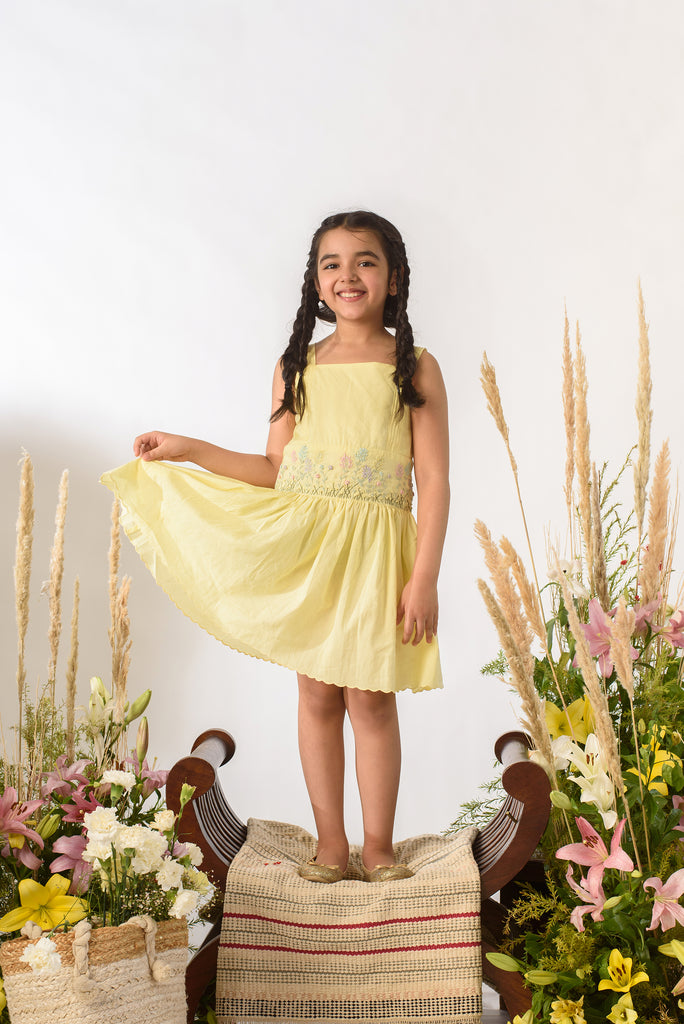 Lemon Terrain is a Thread Embroidered Organic Cotton Dress For Girls.