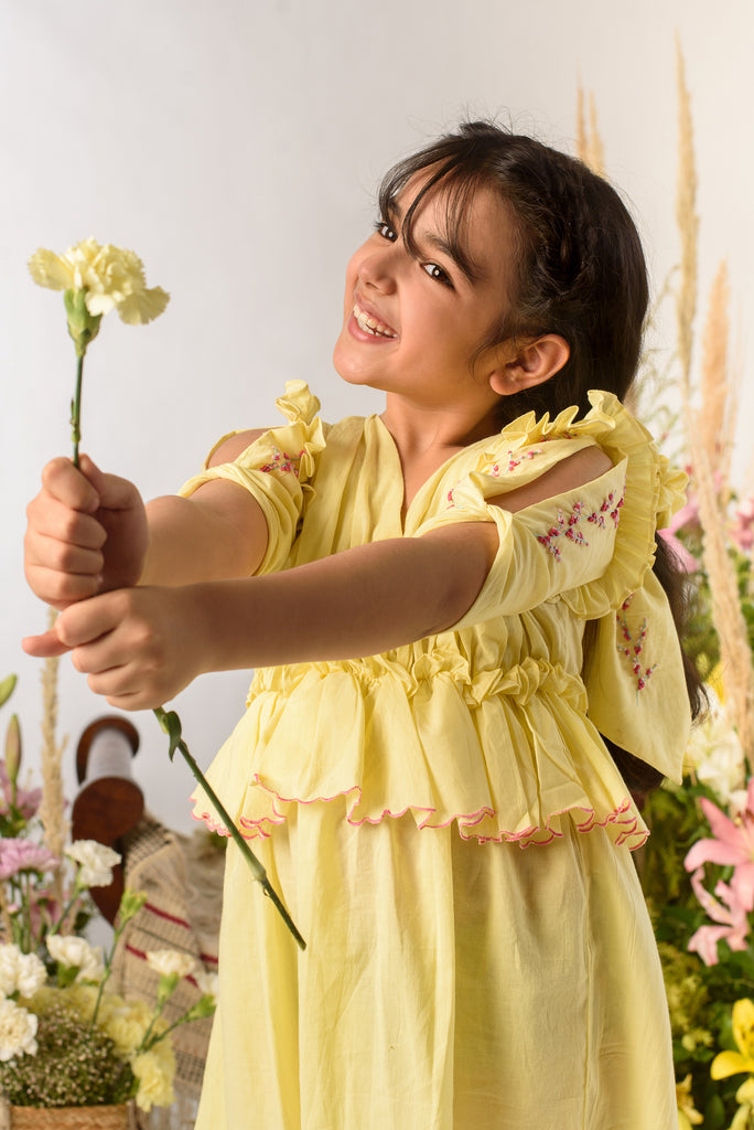 Trailing Buds is a V-Neck Organic-Cotton Embroidered Dress For Girls.