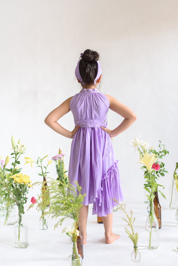 Dilly Frond is a Lilac Color Organic Cotton Dress With Embroidered Belt For Girls.