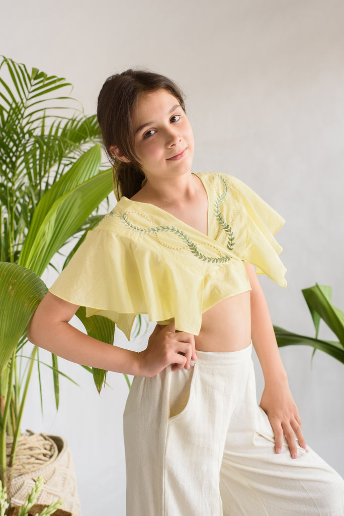 Leaflet Whisper is an Embroidered Organic Cotton Crop Top For Girls.