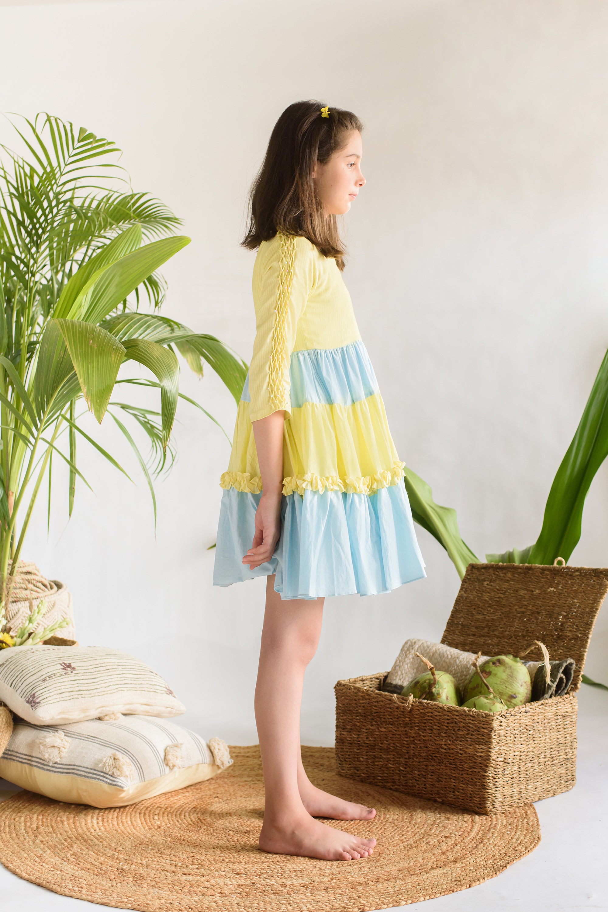 Sunset at Alleppey is a Blue & Yellow Organic-Cotton Tiered Dress For Girls.