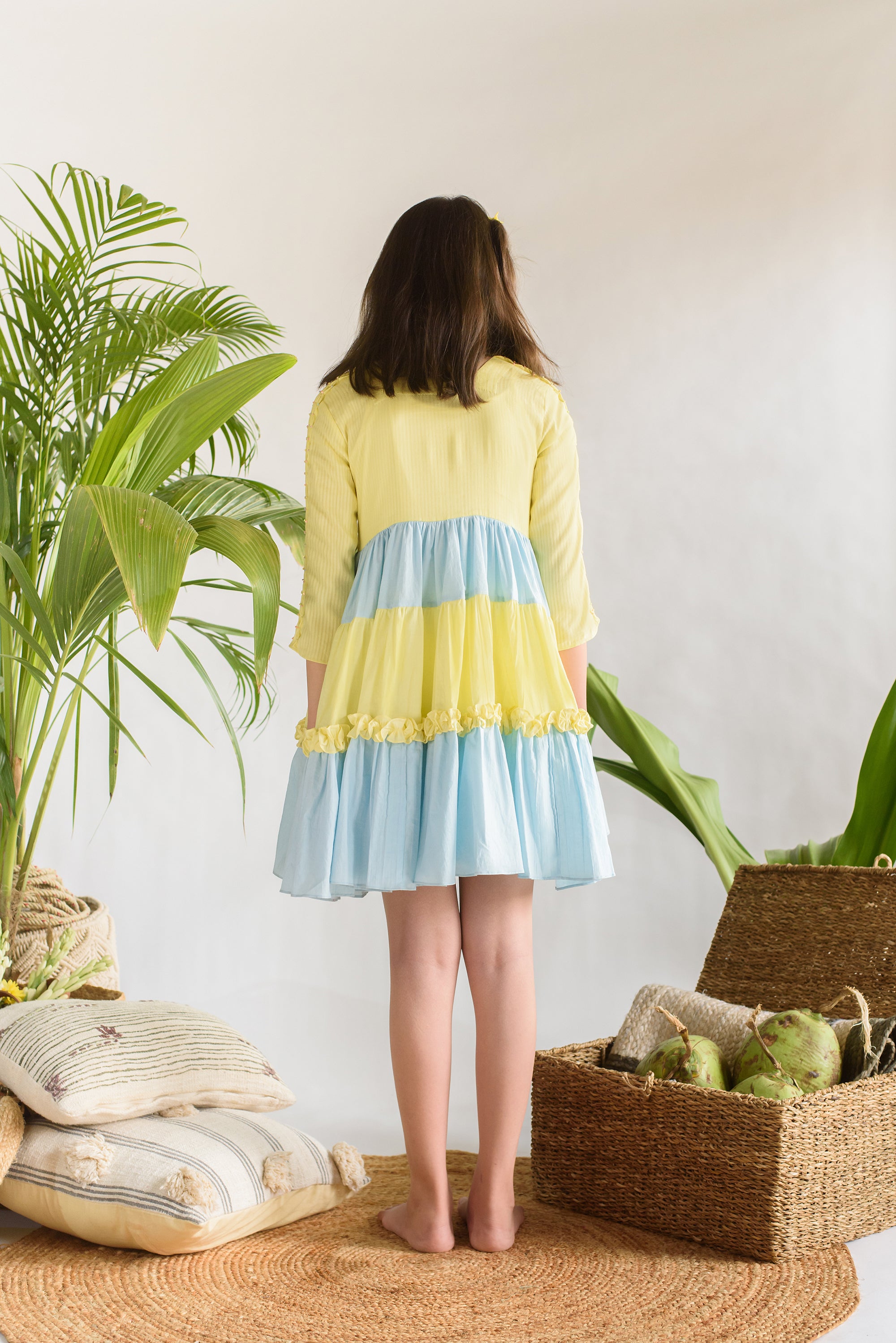Sunset at Alleppey is a Blue & Yellow Organic-Cotton Tiered Dress For Girls.