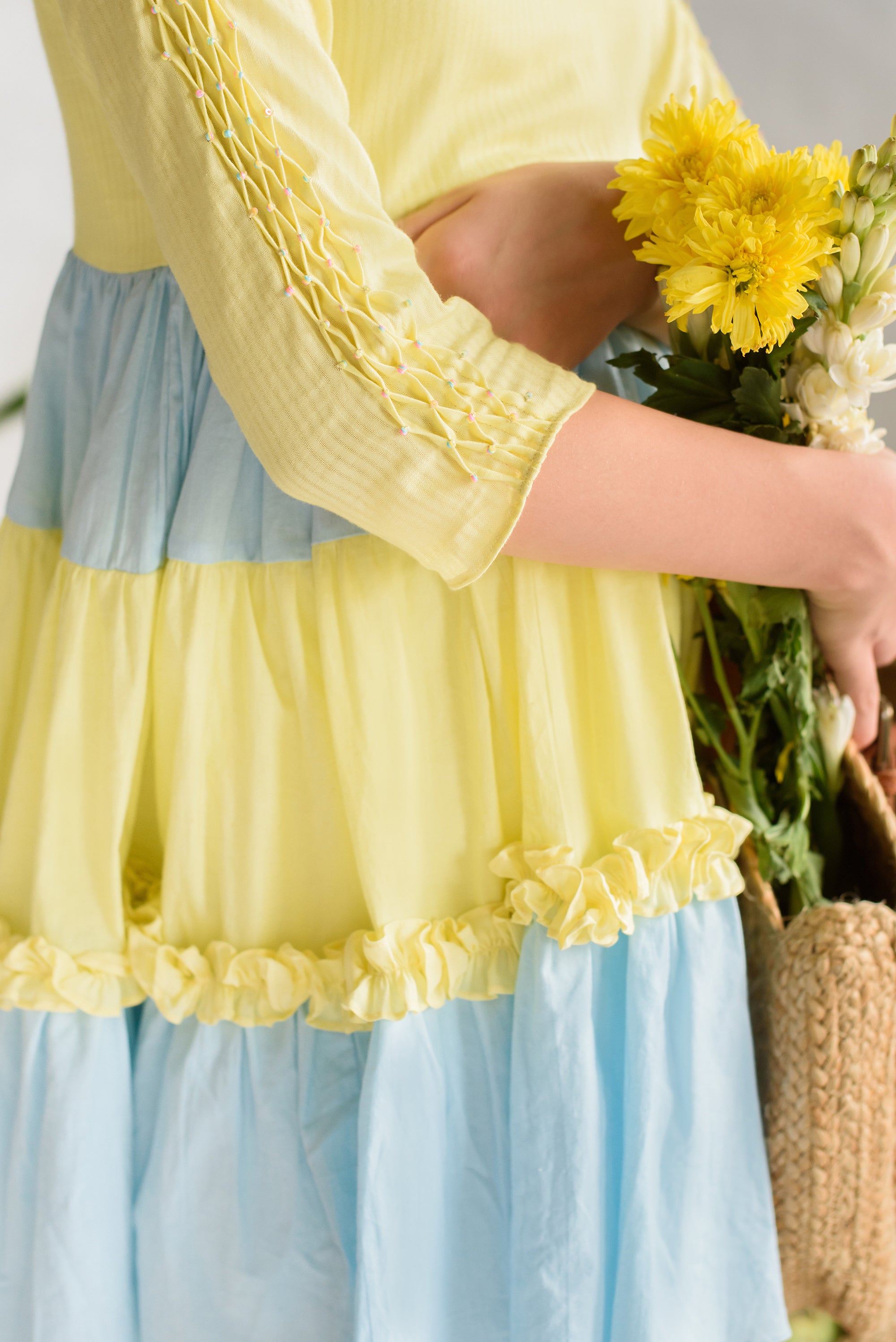 Sunset at Alleppey is a Blue & Yellow Organic-Cotton Tiered Dress For Girls.