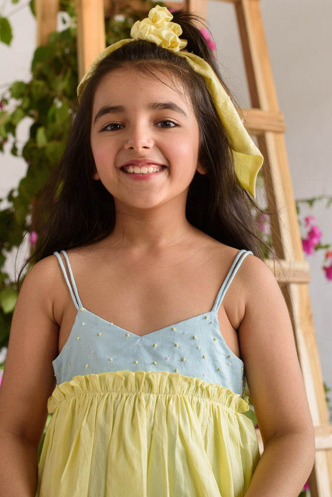 Blooming Pip is a Sky Blue and Yellow Color Organic Cotton Dress for Girls.
