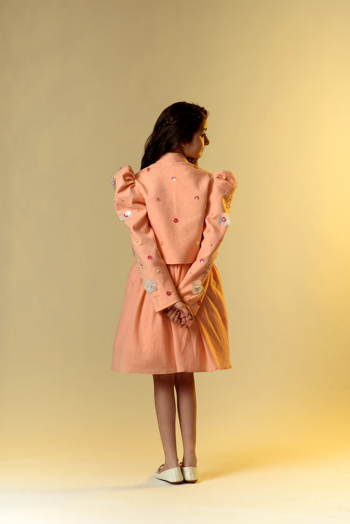 Florid Dreams is an Embroidered Organic Wool Twill Jacket and Dress With Belt For Girls.