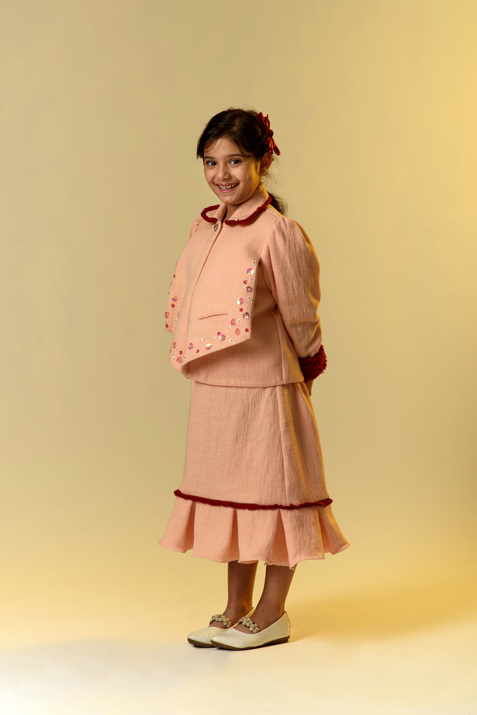 Rosehip Radiance is an Embroidered Blazer With Skirt Set For Girls.