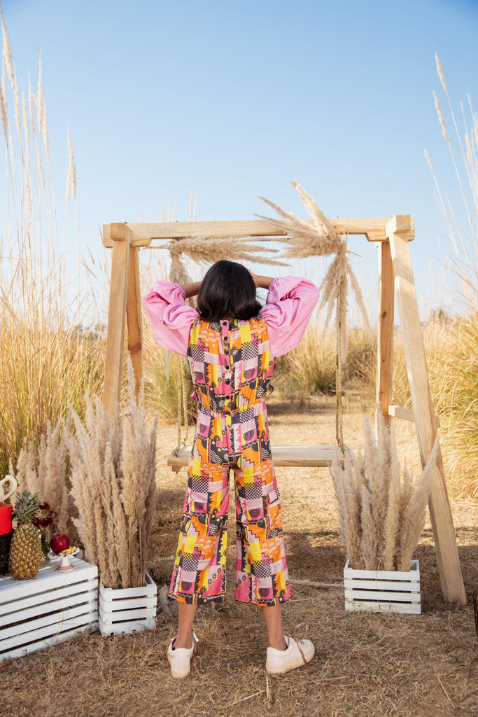 Bun Run is a Pink Color Print Wide-Leg Jumpsuit for Girls.