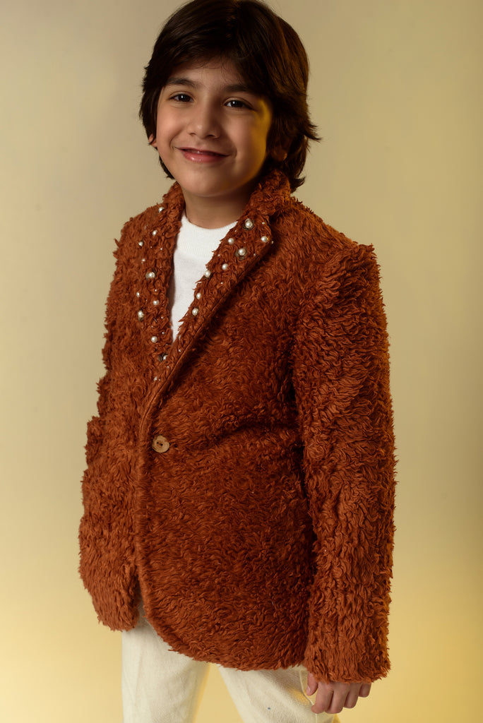 Foxy Chic is an Embroidered Organic Sherpa Blazer For Boys.