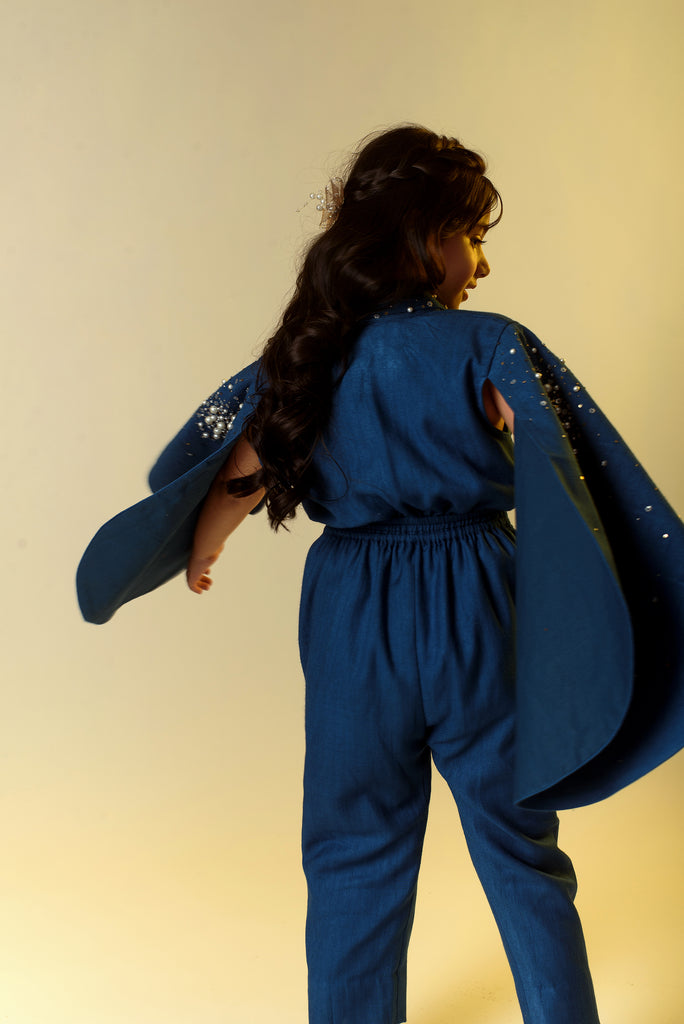 Sparking Flutter is a Sapphire Blue Organic Wool Herringbone Jumpsuit For Girls.