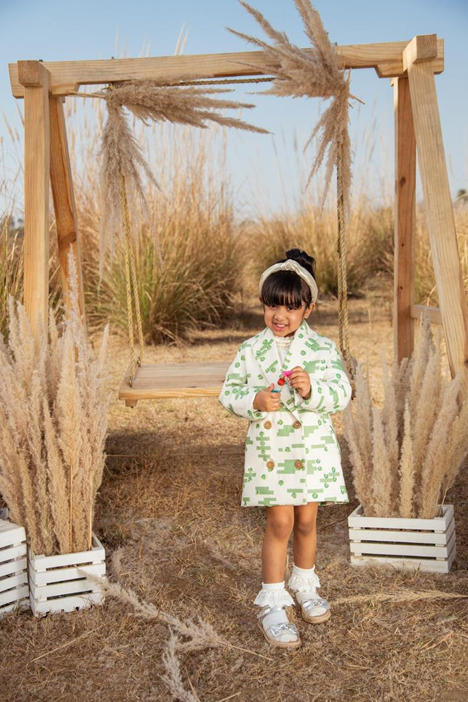 Sweet Play is a Tetris Print Organic Cotton Canvas Fabric Coat For Girls.