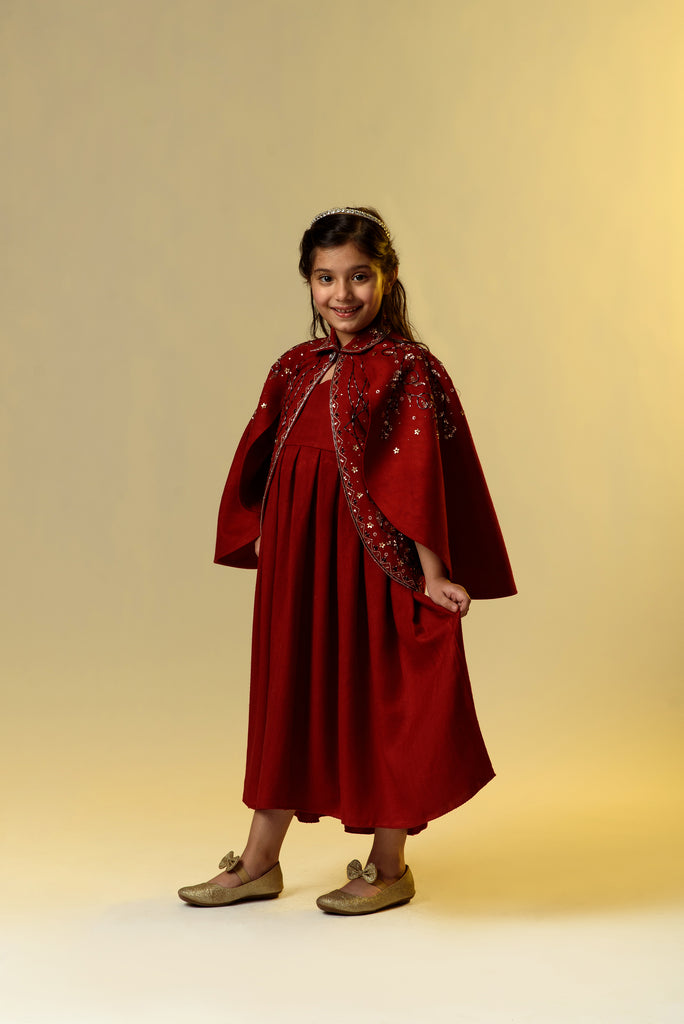 Rosy Finch is a Double Flared Red Embroidered Jacket With Long Woollen Dress For Girls.
