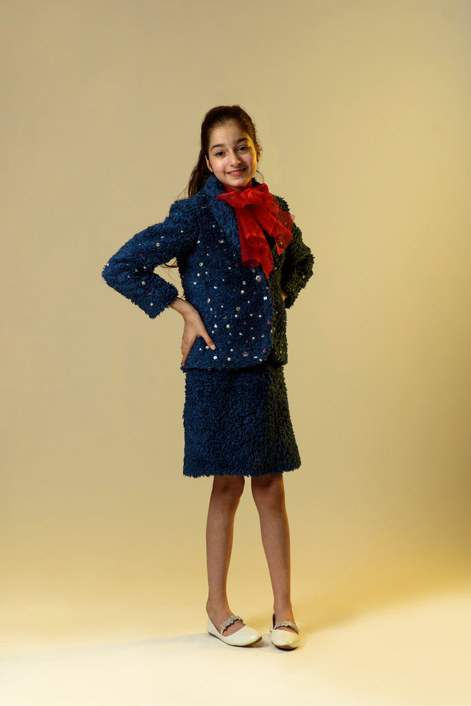 Nightingale Trumpet is a Blue Embroidered Organic Sherpa Blazer With Skirt For Girls.