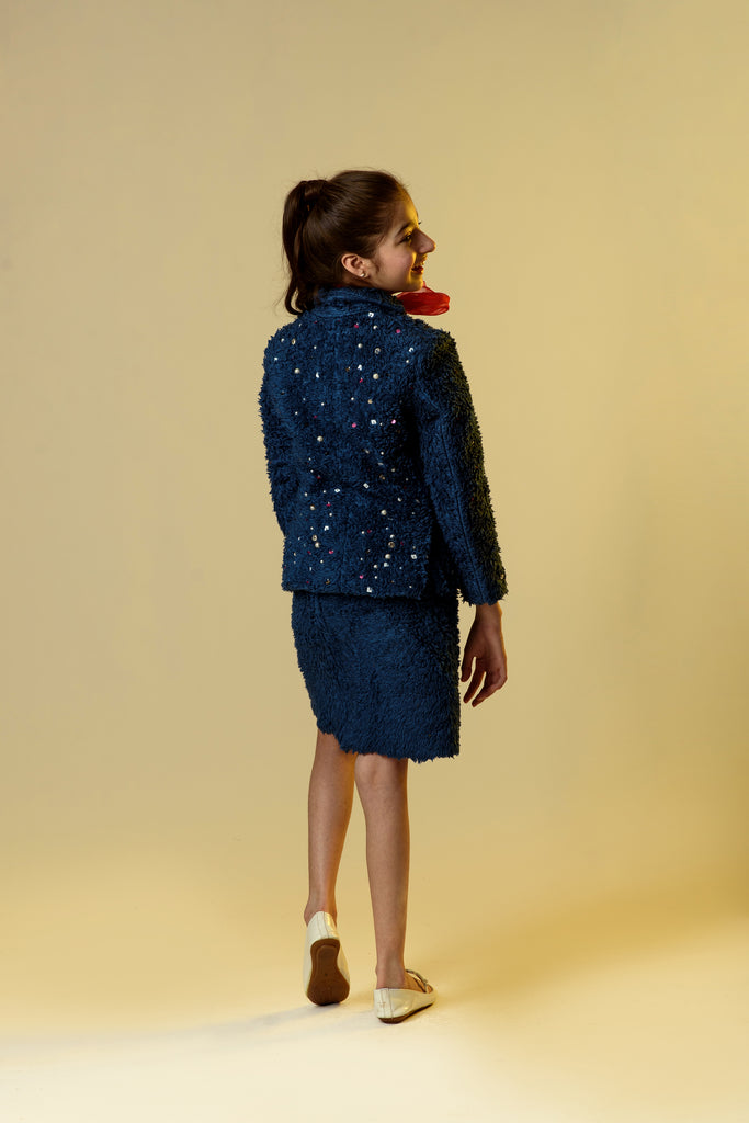 Nightingale Trumpet is a Blue Embroidered Organic Sherpa Blazer With Skirt For Girls.
