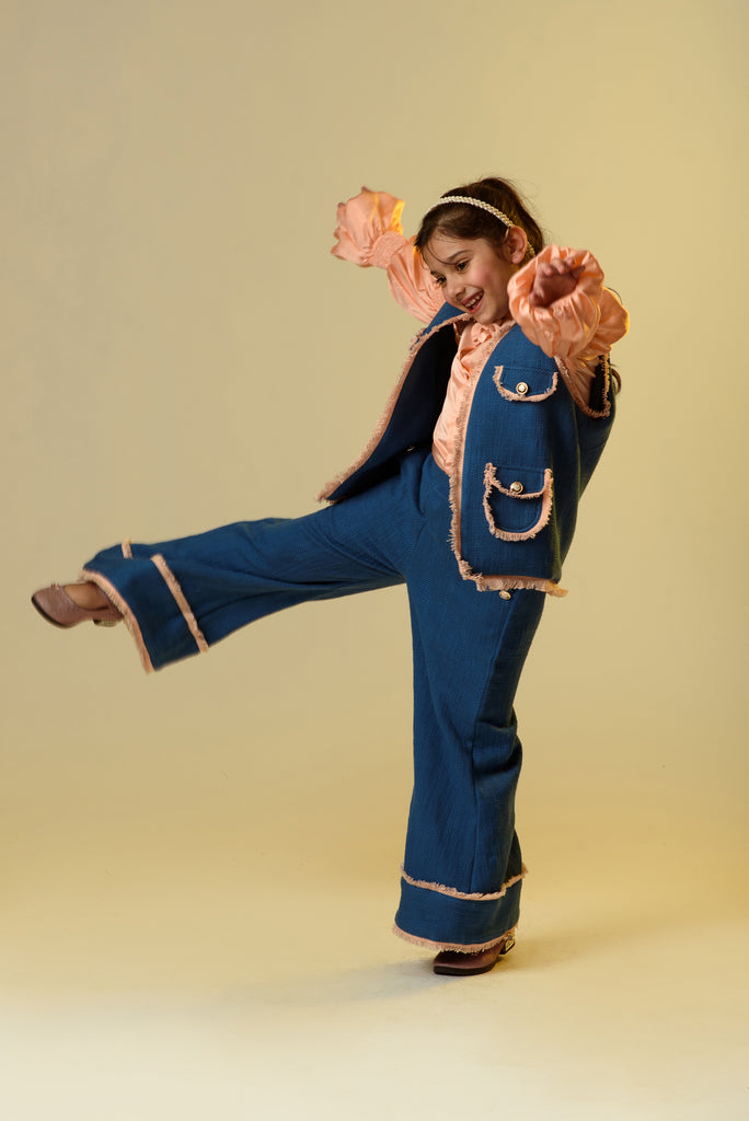 Evening Ebb is a Cotton Slub Blue Color Flared Trousers & Jacket With German Satin Shirt For Girls.