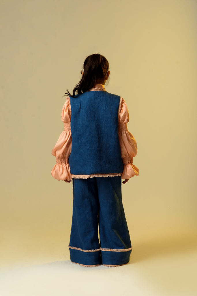 Evening Ebb is a Cotton Slub Blue Color Flared Trousers & Jacket With German Satin Shirt For Girls.