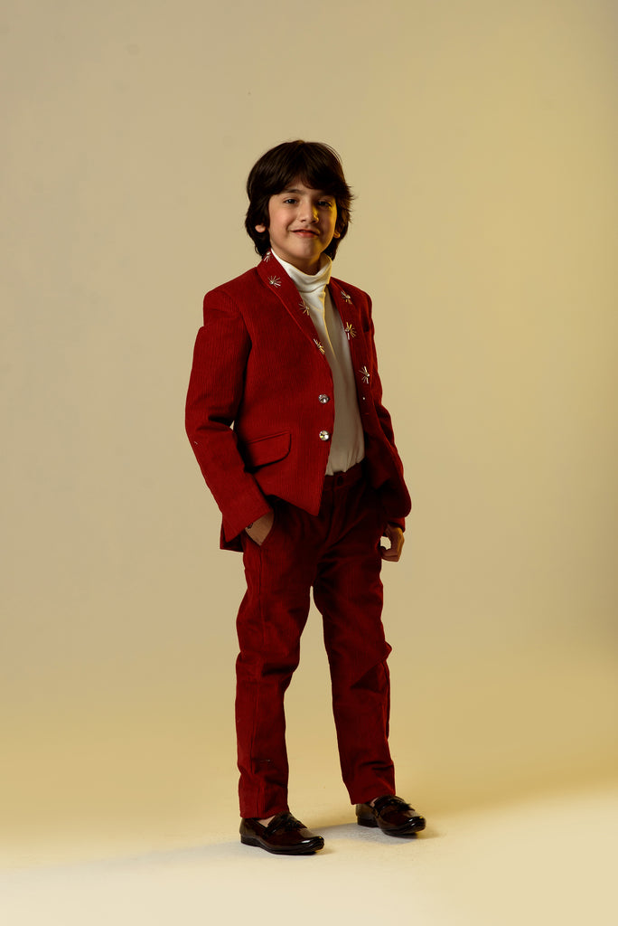 Joyette Charmer is a Carmine Red Organic Corduroy Blazer & Trousers Set For Boys.