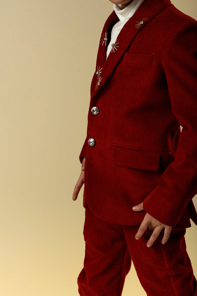 Joyette Charmer is a Carmine Red Organic Corduroy Blazer & Trousers Set For Boys.