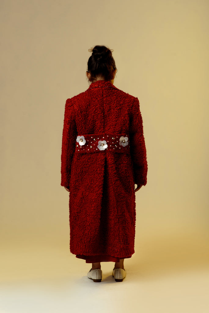 Merry & Bright is a Red Organic Sherpa Long Coat With Woollen Dress For Girls.