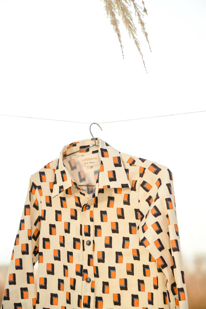 Scintillating Speckle- Classic Geometric Organic Cotton Fabric Print Shirt For Boys.