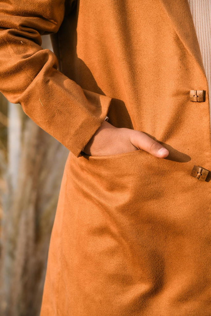 Burnt Sienna is a Recycled Suede leather Single Breasted Overcoat For Boys.