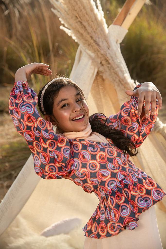 Alley Parade is an Orange Fabric Wrap Printed Jacket with a Rose Fabric Dress for Girls.