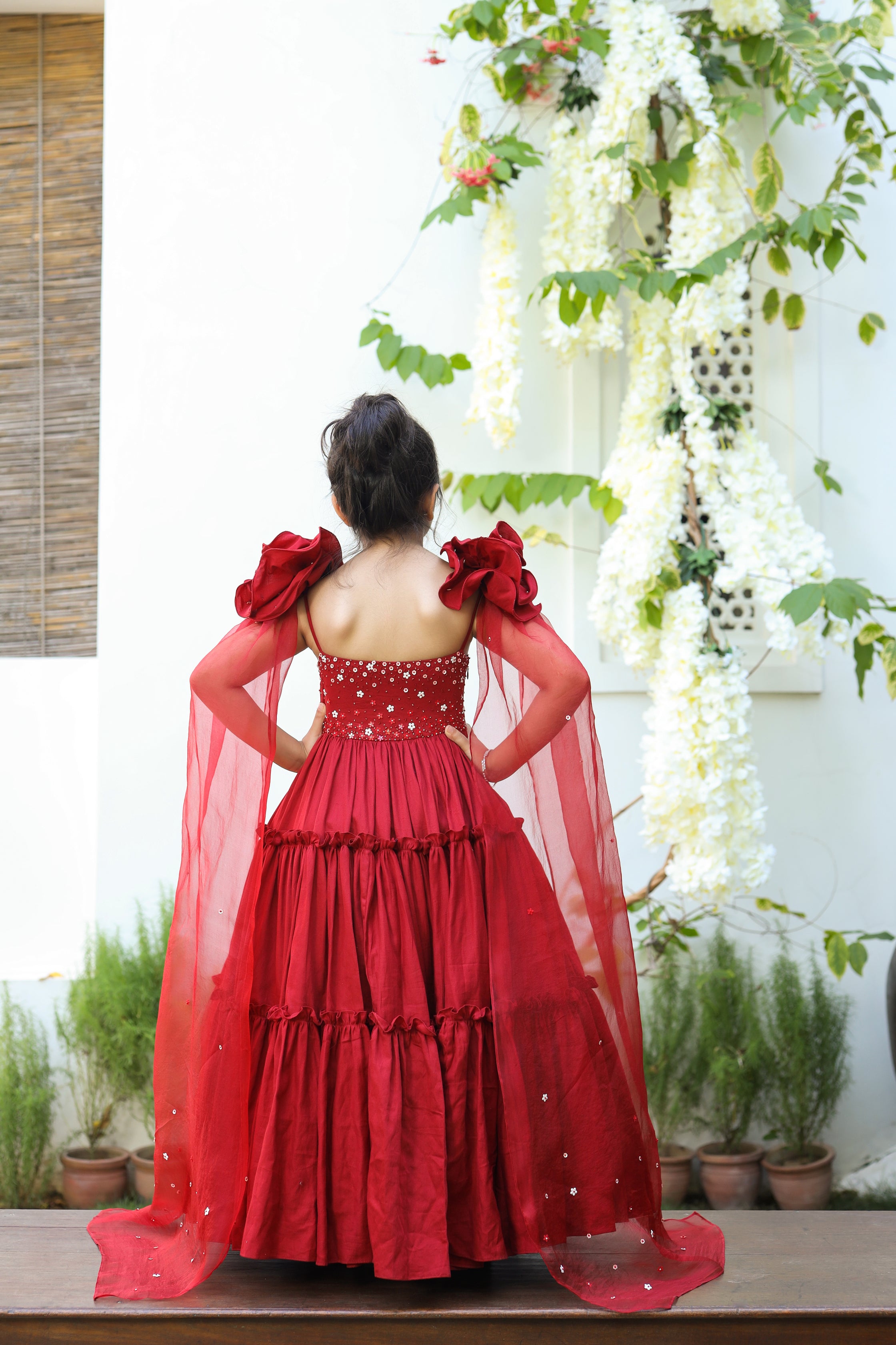 Aita is a red color Organic Vegan Silk Tiered Gown with Draped Dupatta for Girls.
