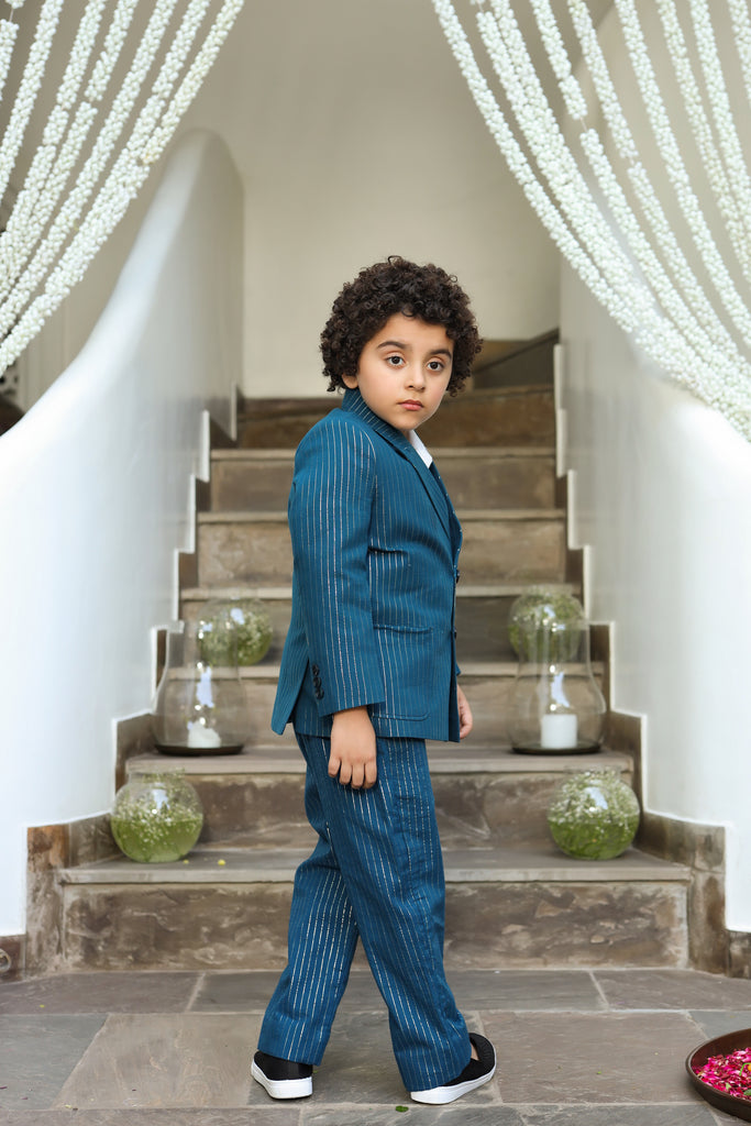 AABSHAAR is a Stripe Pattern Blazer and Trousers Set Made of Organic Cotton for Kids.