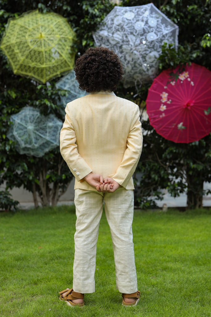 Aftaab is a Two-piece Yellow Color Organic Cotton Fiber Tonal Stripe Blazer and Trouser for Boys. 