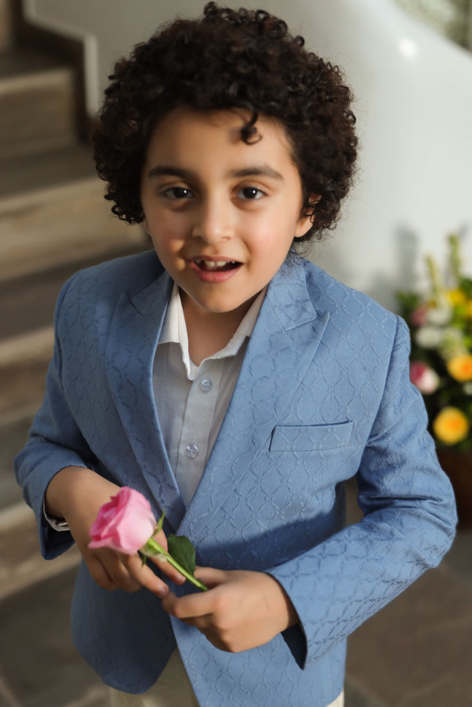 Aghyaar is a Blue Colour Blazer Made of Organic Cotton Dobby with Trousers and a White Color Shirt for Boys.