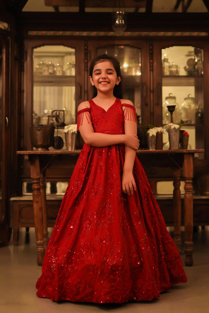 Surkh- is a V-Neck Embroidered Ball Gown For Girls.