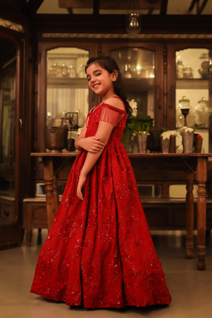Surkh- is a V-Neck Embroidered Ball Gown For Girls.
