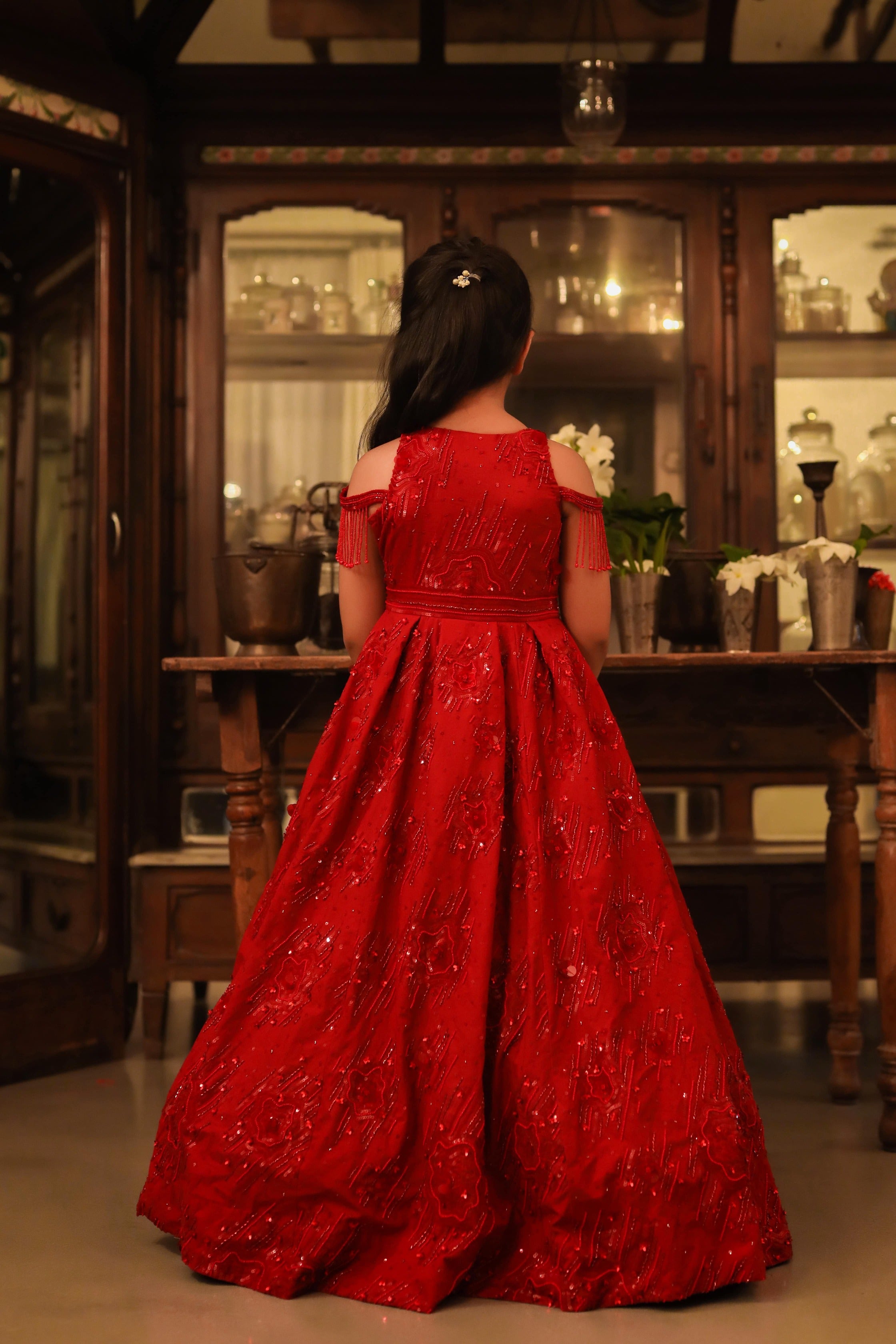 Surkh- is a V-Neck Embroidered Ball Gown For Girls.