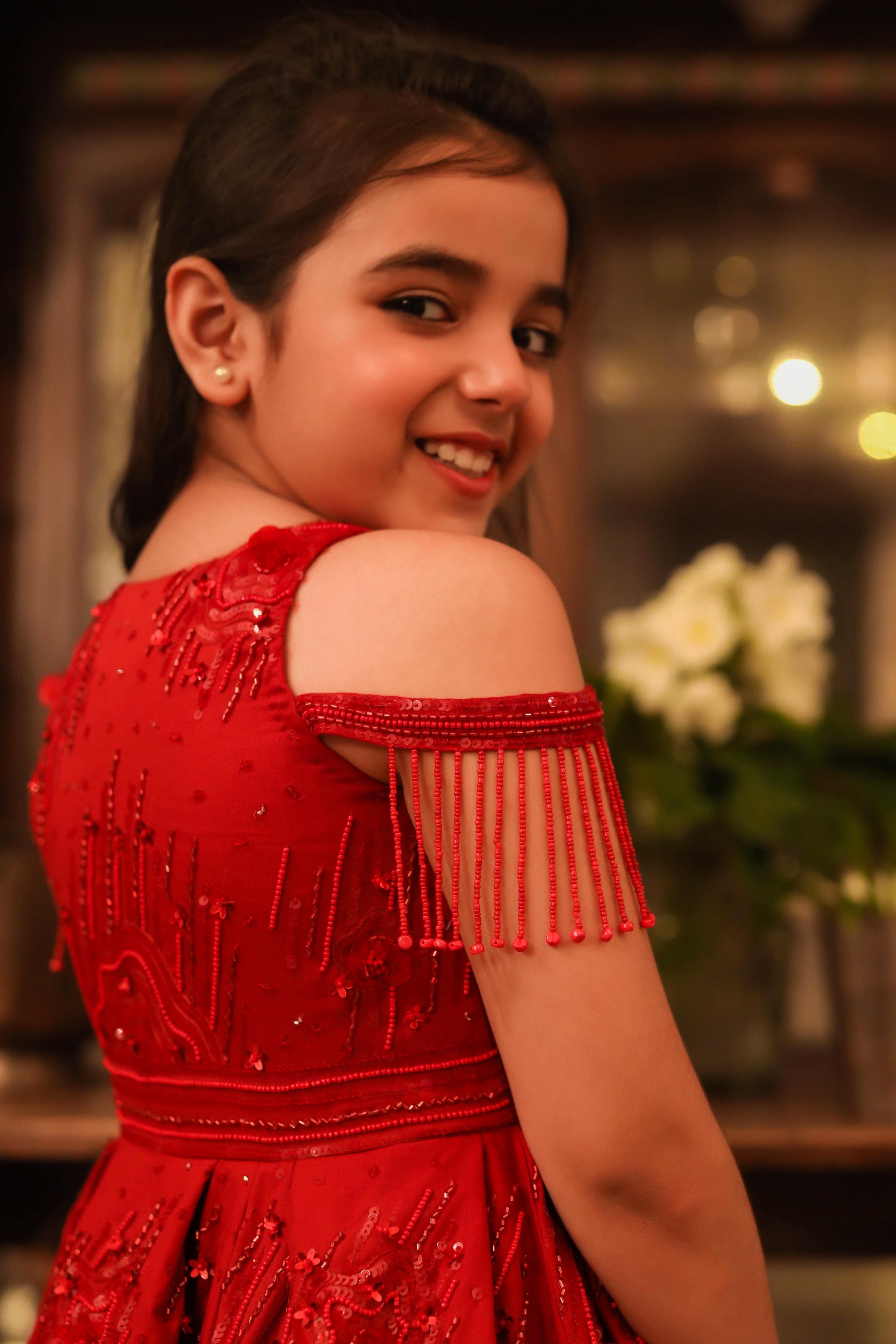 Surkh- is a V-Neck Embroidered Ball Gown For Girls.