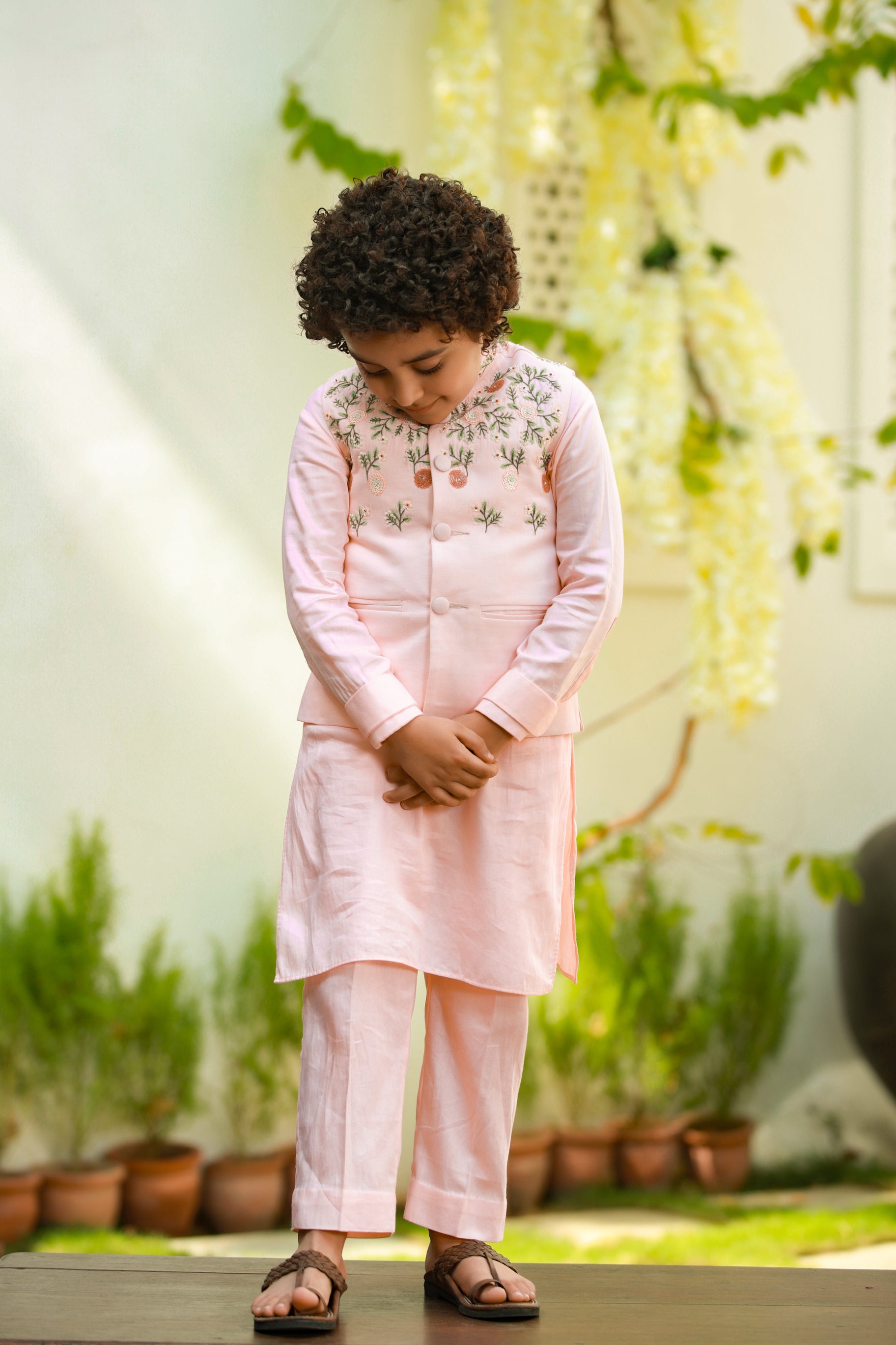 Fakhta is an Organic Vegan Silk Nehru Jacket with Kurta and Trouser Set For Boys.