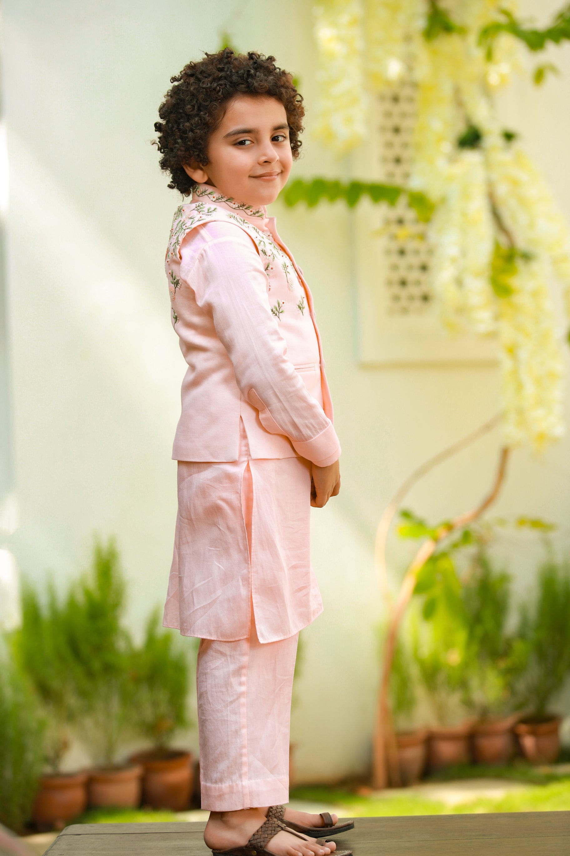Fakhta is an Organic Vegan Silk Nehru Jacket with Kurta and Trouser Set For Boys.