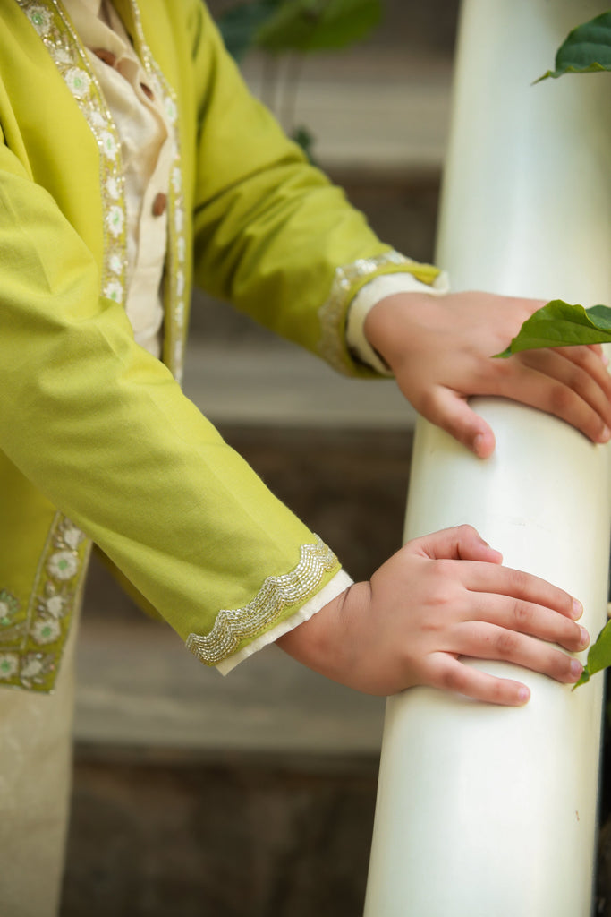 Raabta is an Olive Sage-Green Embroidered Jacket For Boys.