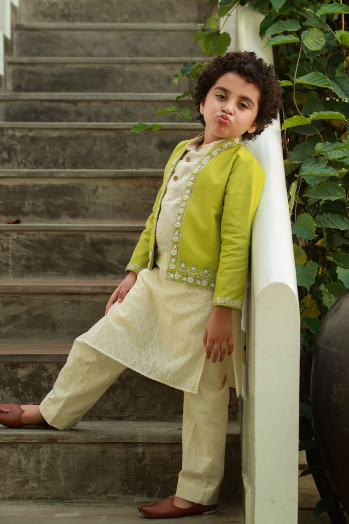 Raabta is an Embroidered Jacket with Organic Cotton Dobby Kurta and Trouser Set For Boys.