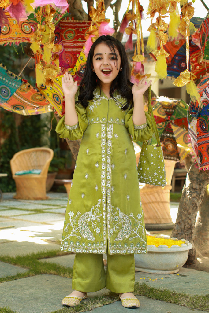 Shaadmaani is an Olive Sage-Green Embroidered Jacket With Trousers Set For Girls.