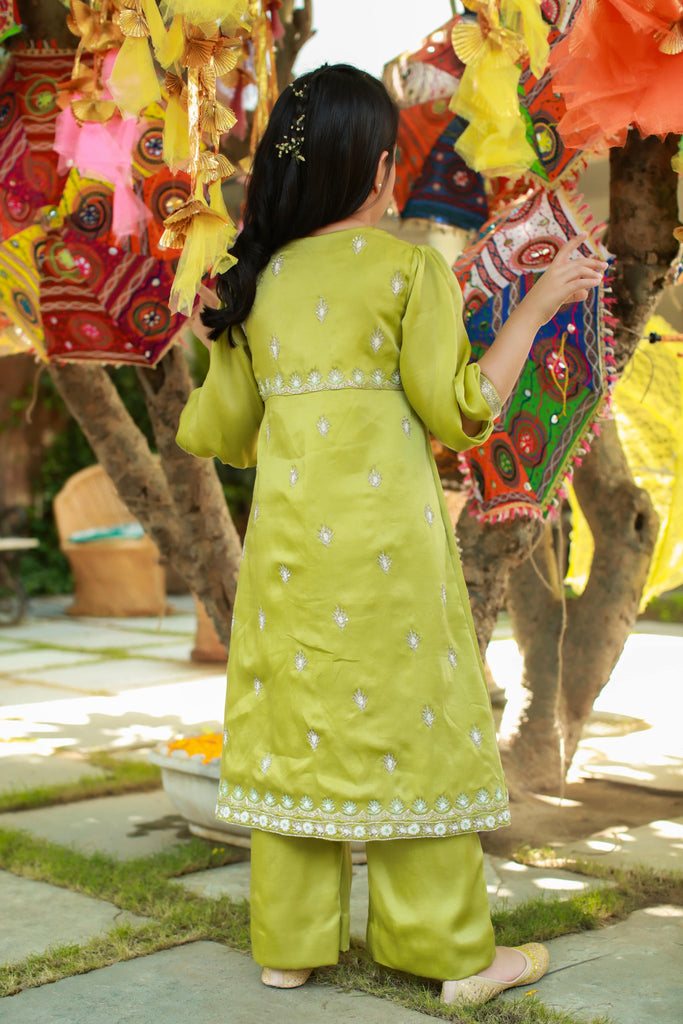 Shaadmaani is an Olive Sage-Green Embroidered Jacket With Trousers Set For Girls.