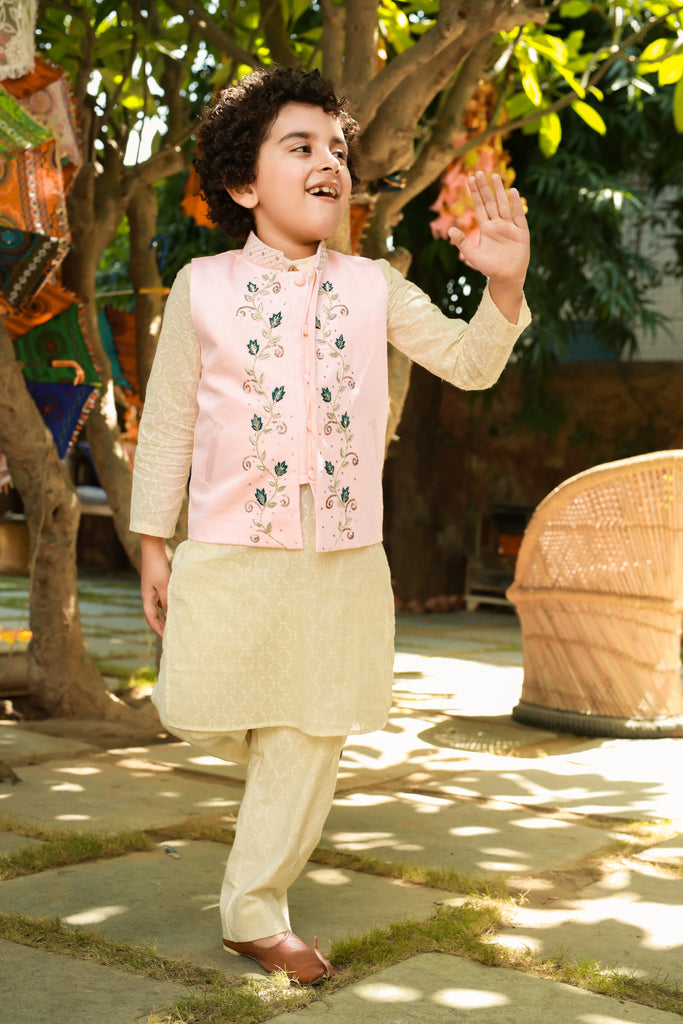 Shad is a Vegan Silk Embroidered Nehru Jacket For Boys.