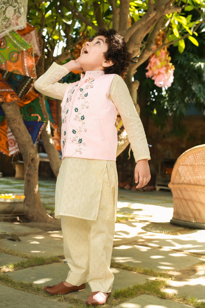 Shad is an Embroidered Nehru Jacket With Cotton Dobby Kurta Trouser Set For Boys.